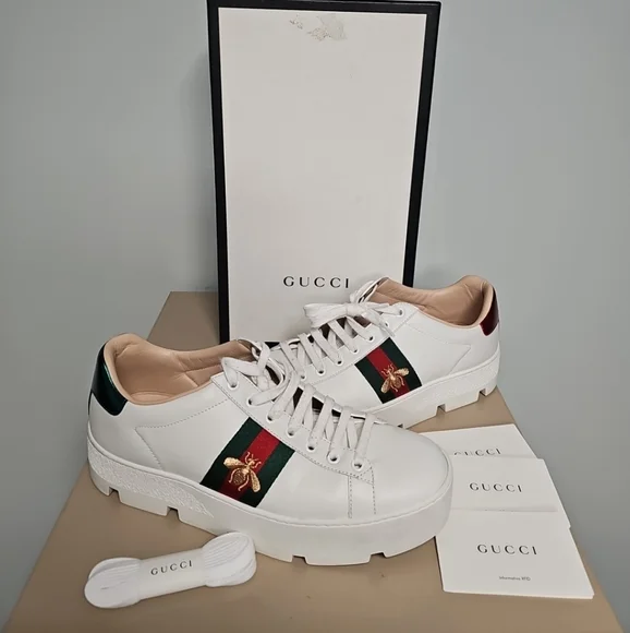 GUCCI ACE WEB BEE PLATFORM SNEAKERS WOMENS Size 40 (9/9½) 577573 - Picture 1 of 16